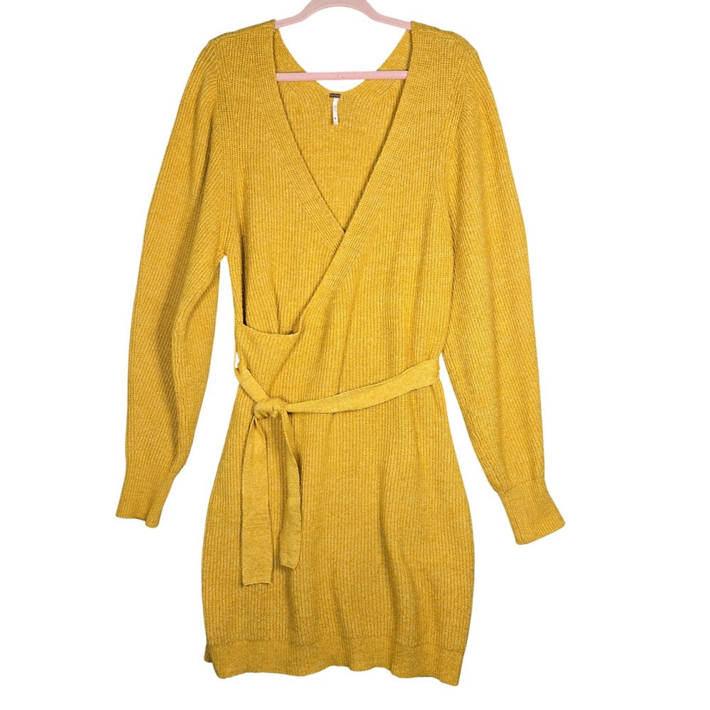 Free People Sienna Wrap Sweater Dress Medium Marigold Yellow V-Neck Midi